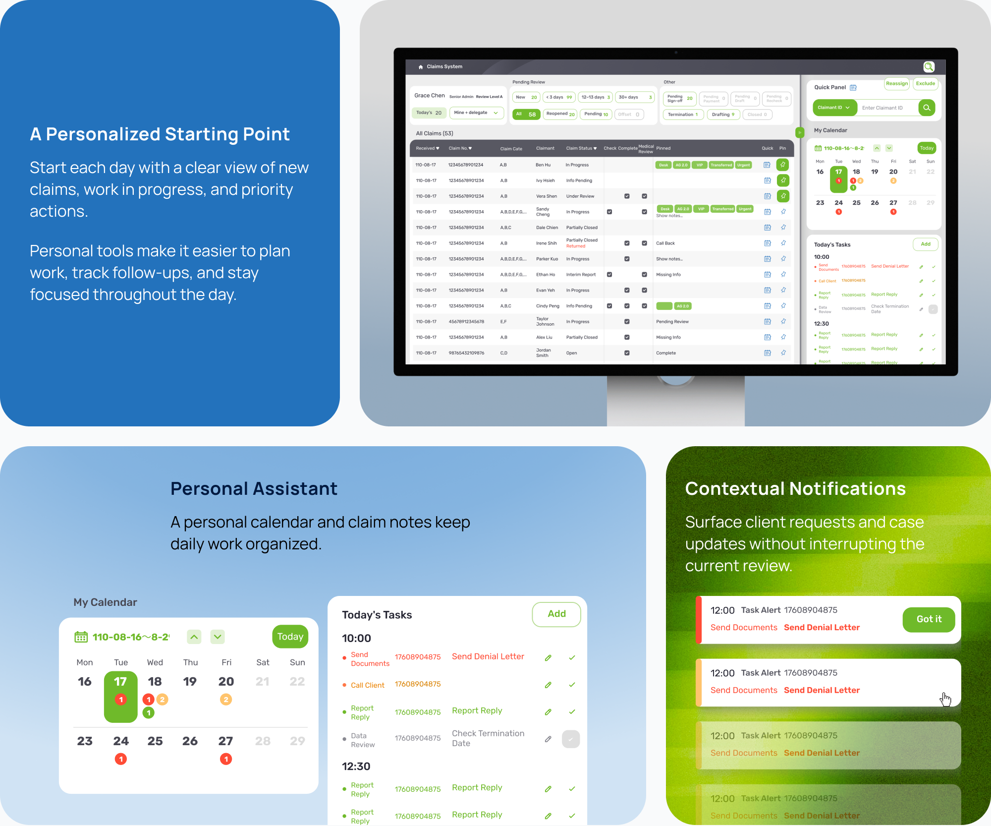 Personalized claims workspace with calendar and case notes